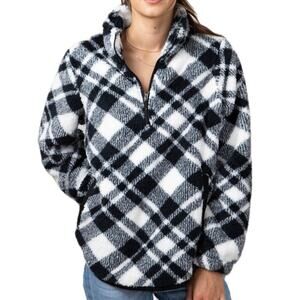Women's Simply Southern Black White Plaid Quarter Zip Sherpa Pullover Sweatshirt